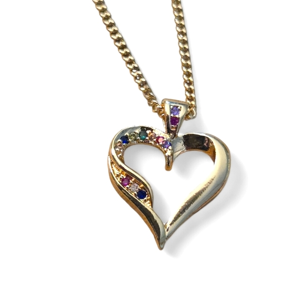 Gold Layered Pendant Necklace with Multicolor Micro Pave Heart Design - Picture 2 of 5